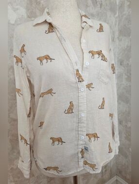 Rails Charli Linen Button Down Shirt Cheetah Print Cream Lightweight Blouse Smal